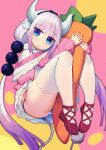  1girl :o absurdres ass bangs beads blue_eyes blunt_bangs blush capelet commentary_request dragon_girl dragon_horns dragon_tail full_body gradient_hair hair_beads hair_ornament hairband highres holding horns huge_filesize jitome kanna_kamui kobayashi-san_chi_no_maidragon light_purple_hair long_hair long_sleeves looking_at_viewer low_twintails multicolored_hair no_shoes object_hug open_mouth panties pantyshot red_footwear shoes solo striped striped_panties stuffed_carrot tail thighhighs thighs twintails underwear white_legwear white_panties xingchee 