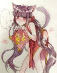  1girl alternate_costume animal_ears bangs bare_arms bare_shoulders bell bent_over black_hair blunt_bangs blush cat_ears cat_tail china_dress chinese_clothes chinese_text closed_mouth commentary_request danganronpa drawing dress eyebrows_visible_through_hair hair_ornament hair_scrunchie hairclip harukawa_maki highres holding jingle_bell knees_together_feet_apart large_hands long_hair looking_at_viewer mole mole_under_eye nanin new_danganronpa_v3 nose_blush paw_print pout red_dress red_eyes red_scrunchie scrunchie sleeveless solo speech_bubble tail traditional_media translation_request very_long_hair 