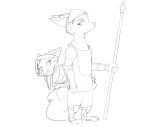  2020 absurd_res anthro armor canid canine clothed clothing duo female fox fully_clothed headgear helmet hi_res holding_object holding_weapon male mammal melee_weapon monochrome polearm simple_background spear standing weapon white_background zhan 