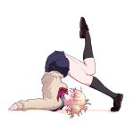  1girl blonde_hair blue_sailor_collar blue_skirt boku_no_hero_academia brown_footwear cardigan commentary_request fang flexible hair_bun highres kneehighs okumari open_mouth red_neckwear sailor_collar shoes simple_background skirt solo teeth toga_himiko upper_teeth white_background yellow_eyes yoga 