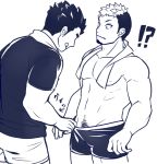  !? 2boys abs assisted_exposure bara black_hair black_shirt blue_theme boxers bulge chest couple cowboy_shot dark_skin dark_skinned_male facial_hair goatee gozu_farm green_boxers licking_lips male_focus male_pubic_hair master_3_(tokyo_houkago_summoners) monochrome multicolored_hair multiple_boys muscle navel nipples partially_colored pubic_hair shirt short_hair sideburns taurus_mask thick_thighs thighs tokyo_houkago_summoners tongue tongue_out towel towel_around_neck two-tone_hair underwear underwear_only undressing_another white_background yaoi 
