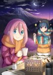  2girls absurdres animal bangs camping closed_mouth coat cooking cup fish fishing fishing_line fishing_rod highres holding holding_animal holding_fish holding_fishing_rod kagamihara_nadeshiko kuromasu lake light_blush looking_at_viewer mount_fuji mountain mug multiple_girls night night_sky outdoors scarf shima_rin sky smile upper_body winter_clothes yurucamp 