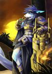  anthro armor blue_body blue_eyes blue_hair claws clothed clothing detailed_background fish grey_body hair hi_res holding_object link2004 male marine multicolored_body shark solo white_body 