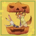  1:1 2020 anthro bottomwear canid canine clothed clothing disney duo female fox fully_clothed fur gesture grey_body grey_fur jack-o&#039;-lantern judy_hopps lagomorph leporid looking_at_another male mammal necktie nick_wilde open_mouth open_smile orange_body orange_fur pants pointing rabbit red_fox sagara_shino shirt simple_background smile standing topwear yellow_background zootopia 