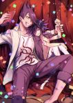  2boys arm_up beard beige_shirt black_hair blood blood_from_mouth book collared_shirt commentary_request danganronpa dress_shirt facial_hair goatee grin hair_over_one_eye highres holding holding_book jacket jacket_on_shoulders knees_up looking_at_viewer male_focus momota_kaito multiple_boys nanin new_danganronpa_v3 open_clothes open_shirt ouma_kokichi pants pink_hair pink_pants purple_eyes purple_hair shirt shirtless short_hair sitting sketch slim_legs smile spiked_hair teeth white_pants white_shirt wrist_grab yaoi 