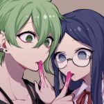  1boy 1girl amami_rantarou bangs blue_eyes blue_hair brown_background collarbone collared_shirt commentary_request danganronpa earrings finger_licking glasses green_eyes green_hair hair_between_eyes highres index_finger_raised jewelry licking nail_polish nanin neck_ribbon new_danganronpa_v3 pink_blood red_ribbon ribbon shirogane_tsumugi shirt short_hair simple_background striped striped_shirt white_shirt 