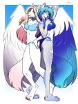  2020 3:4 amur anthro bikini blue_body blue_feathers breasts canid canine canis clothed clothing digital_media_(artwork) domestic_dog eyebrows eyelashes feathered_wings feathers female hi_res hybrid mammal open_mouth smile swimwear tongue white_body white_feathers wings 