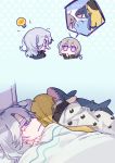  3girls 500_dollar_four_foot_tall_mareep ahoge bed blanket blonde_hair girls_frontline grey_hair light_bulb m200_(girls_frontline) multiple_girls parody purple_eyes shark sharp_teeth shuzi silver_hair sl8_(girls_frontline) stuffed_animal stuffed_toy teeth vhs_(girls_frontline) yuri 