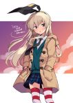  1girl blonde_hair cloud coat collared_shirt dress_shirt gloves green_vest hairband kantai_collection long_hair necktie odawara_hakone school_uniform shimakaze_(kantai_collection) shirt skirt striped striped_legwear thighhighs vest wind 