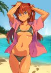  1girl beach bikini blue_eyes boat breasts english_commentary hands_on_own_head interface_headset long_hair looking_at_viewer navel neon_genesis_evangelion ocean open_clothes open_shirt optionaltypo palm_tree red_hair sand shirt short_sleeves signature solo souryuu_asuka_langley swimsuit tree watercraft 