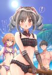  ! 1boy 2girls :o absurdres bangs bikini black_bikini black_hair blush braid breasts cloud commentary_request drill_hair front-tie_bikini front-tie_top gloves grey_hair highres idolmaster idolmaster_cinderella_girls kanzaki_ranko kudou_(sikisiki0000) light_brown_hair male_swimwear medium_breasts medium_hair multicolored_hair multiple_girls navel ninomiya_asuka palm_tree pink_hair producer_(idolmaster_cinderella_girls_anime) revision side-tie_bikini sidelocks sky small_breasts sparkle sun swim_trunks swimsuit swimwear translation_request tree twin_drills two-tone_hair 