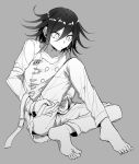  1girl bangs barefoot belt closed_mouth collarbone commentary_request danganronpa double-breasted feet flipped_hair full_body grey_background greyscale hair_between_eyes highres holding_belt jacket long_sleeves looking_down medium_hair monochrome nanin new_danganronpa_v3 ouma_kokichi pants shirt simple_background sitting soles solo 