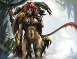  anthro armor avian beak bikini bow_(weapon) breasts brown_body brown_fur clothed clothing detailed_background female fluffy fluffy_tail fur hair jungle lagomorph leporid link2004 mammal open_mouth partially_clothed rabbit ranged_weapon red_body red_eyes red_fur red_hair solo swimwear teeth weapon yellow_eyes 