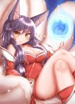  2020 5_fingers ahri_(lol) animal_humanoid big_breasts blue_background blush breasts canid canid_humanoid canine canine_humanoid cleavage clothed clothing crossed_legs cute_fangs facial_markings female fingers fox_humanoid fur glistening glistening_hair hair head_markings hi_res horokusa0519 humanoid inner_ear_fluff league_of_legends long_hair looking_at_viewer mammal mammal_humanoid markings multi_tail orb pupils purple_ears purple_hair red_clothing riot_games simple_background sitting slit_pupils solo tuft video_games white_body white_fur white_tail yellow_eyes 