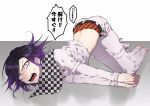  1boy anger_vein barefoot belt black_belt black_hair checkered checkered_scarf commentary_request danganronpa fangs flipped_hair foreshortening full_body grey_background long_sleeves looking_at_viewer male_focus male_underwear midriff nanin new_danganronpa_v3 open_mouth ouma_kokichi pants purple_eyes purple_hair restrained scarf solo speech_bubble straitjacket striped_underwear underwear unmoving_pattern white_background white_pants 
