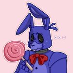  ... 2020 animatronic anthro black_nose black_sclera bonnie_(fnaf) buckteeth button_(fastener) candy coffeecats900 dipstick_ears fingers five_nights_at_freddy&#039;s food freckles fur grey_eyes head_tuft hi_res lagomorph leporid lollipop long_ears looking_down machine male mammal multicolored_ears pink_background purple_body purple_fur rabbit ribbons robot simple_background solo teeth tuft video_games 