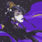  1girl black_hair braid commentary earrings french_braid from_side hades_(game) hair_bun hair_ornament highres jewelry lipstick long_hair looking_at_viewer looking_to_the_side makeup nekohara_peninsula nyx_(hades) pale_skin portrait purple_lips purple_lipstick solo space star_(symbol) star_hair_ornament yellow_eyes 