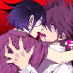  2boys beard black_hair blood blood_from_mouth collared_shirt commentary_request danganronpa eye_contact facial_hair from_side goatee gradient gradient_background highres holding imminent_kiss jacket jacket_on_shoulders long_sleeves looking_at_another male_focus medicine momota_kaito multiple_boys nanin new_danganronpa_v3 open_mouth ouma_kokichi pink_blood pink_hair pink_jacket purple_eyes purple_hair purple_jacket red_background red_eyes school_uniform shirt short_hair smile spiked_hair upper_body white_shirt yaoi 