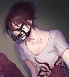  1boy absurdres beard brown_hair checkered checkered_floor collarbone commentary_request danganronpa earrings facial_hair from_side highres jewelry knees_up looking_at_viewer male_focus momota_kaito muzzle nanin new_danganronpa_v3 open_mouth pants pink_pants print_shirt purple_eyes purple_hair sharp_teeth shirt short_hair short_sleeves sitting smile solo spiked_hair teeth white_shirt 