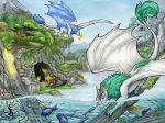  2020 ambiguous_gender anthro blue_hair day detailed_background dragon feral fish fur furred_dragon green_hair hair male marine natoli outside sky traditional_media_(artwork) 
