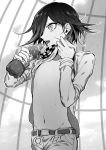  1boy belt bottle checkered checkered_scarf commentary_request danganronpa from_side greyscale hair_over_one_eye highres holding jacket jacket_lift lifted_by_self long_sleeves male_focus medium_hair monochrome nanin navel new_danganronpa_v3 ouma_kokichi outdoors pants profile saliva saliva_trail scarf short_hair solo stomach sweat tongue tongue_out wet wet_hair 