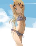  1girl ;) abigail_williams_(fate/grand_order) alternate_costume arm_behind_head arms_up bangs bikini black_bow blue_bikini blue_sky bow closed_mouth cloud day eyebrows_visible_through_hair fate/grand_order fate_(series) forehead frilled_bikini frills hair_bow hair_in_mouth long_hair looking_at_viewer navel one_eye_closed orange_bow outdoors parted_bangs polka_dot polka_dot_bow sakazakinchan sky smile solo standing swimsuit very_long_hair 