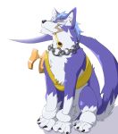  blue_body blue_fur canid canine canis chain claws collar domestic_dog eye_scar feral fur hi_res male_(lore) mammal object_in_mouth one_eye_closed repede sash scar simple_background sitting smoking_pipe solo tales_of_vesperia tora_oekaki white_background white_body white_fur 