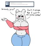  ? anthro asriel_dreemurr_(god_form) big_breasts boss_monster bovid breasts caprine cleavage clothed clothing crossgender curvy_figure english_text female fur goat hair hair_over_eye horn huge_breasts long_ears mammal mtf_crossgender one_eye_obstructed robertge simple_background solo text undertale video_games voluptuous white_background white_body white_fur wide_hips 