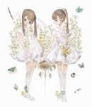  2girls bangs brown_hair dress earrings flower flower_earrings jewelry letter multiple_girls original pen ponytail profile short_sleeves skeletal_arm sunflower twintails white_dress white_flower writing yellow_flower yogisya 