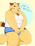  2013 anthro belly blush brown_body brown_fur bulge canid canine clothing fur hi_res humanoid_hands japanese_text kemono mahonex male mammal shirt slightly_chubby solo text topwear underwear 