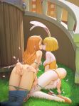  2girls anal_fingering animal_ears anus ass ass_grab bartolomeobari blonde_hair breasts brown_hair bunny_ears bunny_girl bunny_tail carrot_(one_piece) extra_hands fingering furry grass highres kiss long_hair multiple_girls nami_(one_piece) nico_robin nipples one_piece panties pants pants_pull panty_pull pussy short_hair tail underwear yuri 