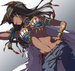  1girl animal_ears black_hair cat_ears ciconia_no_naku_koro_ni cuffs dark_skin denim dutch_angle egyptian egyptian_mythology g-string hand_on_hip headband highres jeans jewelry long_hair looking_at_viewer pants prgdmk ring seshat simple_background solo thong white_background yellow_eyes 