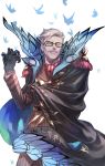  1boy black_gloves blue_eyes bug butterfly cape cowboy_shot epaulettes facial_hair fate/grand_order fate_(series) formal glasses gloves grey_hair high_collar highres insect james_moriarty_(fate/grand_order) kuroda_matsurika long_sleeves looking_at_viewer male_focus mustache one_eye_closed short_hair smile vest 