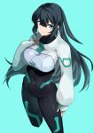  1girl absurdres aqua_eyes black_hair blue_background bodysuit breasts cropped_legs gundam gundam_build_divers gundam_build_divers_re:rise hand_on_own_chest highres large_breasts long_hair looking_up may_(gundam_build_divers_re:rise) shinwota shrug_(clothing) smile solo 