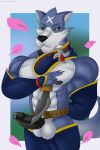  2020 abs anthro armwear balls belt blue_body blue_fur bodily_fluids canid canine canis canyne capcom clothed clothing digital_media_(artwork) flower_petals fur genital_fluids genitals hi_res humanoid_genitalia humanoid_penis klr-rio knife legwear looking_at_viewer male mammal monster_hunter monster_hunter_rise muscular muscular_anthro muscular_male nipples palamute penis petals precum scarf solo vein video_games wolf 