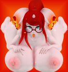  3d_(artwork) 5_fingers 5_toes anthro big_breasts blue_eyes breasts cori_(oc) coriponer cutie_mark digital_media_(artwork) equid equine eyewear fan_character feet female fingers freckles glasses hair hasbro hi_res horn huge_breasts humanoid_feet looking_at_viewer looking_up mammal my_little_pony nude red_background red_hair simple_background solo submissive submissive_anthro submissive_female thick_thighs toes tongue tongue_out unicorn 
