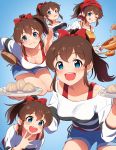  1girl ;q bangs blue_eyes blush breasts brown_hair cleavage cooking dumpling food head_scarf highres idolmaster idolmaster_million_live! idolmaster_million_live!_theater_days kamille_(vcx68) long_hair looking_at_viewer medium_breasts one_eye_closed open_mouth plate ponytail poses ribbon satake_minako shirt short_hair smile solo striped striped_shirt tongue tongue_out wok 