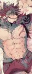  abs anthro bottomwear canid canine canis clothing fur hi_res male mammal muscular muscular_anthro muscular_male ohayashi55 pecs solo tattoo temujin tokyo_afterschool_summoners video_games white_body white_fur wolf 