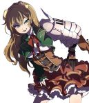  1girl :3 belt brown_hair ciconia_no_naku_koro_ni dress frills gauntlets gloves green_eyes green_vest hand_on_hip highres lilja_viljakainen long_hair looking_at_viewer necktie open_clothes prgdmk pulla simple_background single_gauntlet solo vest white_background 