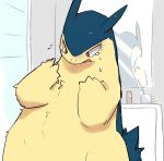 2020 ambiguous_gender bathroom bodily_fluids brush cup cute_fangs dorobo_39 fur hi_res implied_transformation looking_at_hand mirror nintendo open_mouth pok&eacute;mon pok&eacute;mon_(species) red_eyes solo surprise sweat tears toothbrush typhlosion video_games 