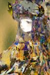  1girl abstract anabone bangs blunt_bangs commentary crescent crescent_moon_pin dress face gustav_klimt_(style) hat highres long_hair mob_cap patchouli_knowledge purple_eyes purple_hair solo touhou upper_body yellow_background 