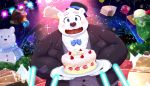  2020 anthro birthday_cake blue_eyes blush bow_tie cake clothing detailed_background food fur hat headgear headwear hi_res hisashiyo_0705 kemono male mammal overweight overweight_anthro overweight_male polar_bear shirane_kan shirt snowman solo topwear ursid ursine utau white_body white_fur 