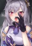  1girl absurdres bangs black_gloves blush breasts dress earrings eyebrows_visible_through_hair fellatio_gesture genshin_impact gloves grey_background grey_hair hair_between_eyes hair_ornament highres jewelry keqing long_hair open_mouth oral_invitation purple_dress red_eyes revision saliva simple_background solo steam tassel tongue tongue_out torriet upper_body 