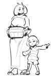  2020 3_toes ambiguous_gender anthro barefoot boss_monster bottomwear bovid bucket caprine clothed clothing duo female floppy_ears footwear fully_clothed goat hair hi_res holding_object horn human looking_at_another mammal monochrome mother mother_and_child parent parent_and_child protagonist_(undertale) robe shirt shoes short_hair shorts simple_background sketch smile spikedmauler standing toes topwear toriel undertale video_games white_background 