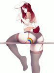  2018 absurd_res anthro biped blue_eyes breasts buckteeth bulge clothed clothing digital_media_(artwork) ear_piercing fingers garter_belt garter_straps gynomorph hair hi_res huggles intersex lagomorph legwear leporid long_hair looking_at_viewer looking_back mammal panties piercing rabbit red_hair sitting small_breasts smile solo squish stockings suelix teeth thick_thighs thigh_highs thigh_squish tight_clothing underwear 