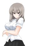  1girl absurdres aikir_(jml5160) alternate_costume black_eyes black_skirt breasts cowboy_shot girls_und_panzer grey_hair hair_between_eyes highres itsumi_erika medium_breasts medium_hair shirt skirt solo white_background white_shirt 