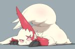  2020 ambiguous_gender blush bodily_fluids claws dorobo_39 feral fur grey_background hi_res looking_back lying nintendo pok&eacute;mon pok&eacute;mon_(species) simple_background solo sweat sweatdrop video_games white_body white_fur zangoose 