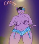  anthro belly big_breasts breasts catty_(undertale) clothed clothing domestic_cat ear_piercing exposed_breasts felid feline felis female groping_breasts hair hi_res mammal multicolored_hair navel navel_piercing nipples obese obese_female overalls overweight overweight_female partially_clothed piercing portrait purple_body simple_background solo solo_focus three-quarter_portrait two_tone_hair undertale video_games watersucc 