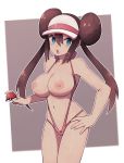  1girl blue_eyes breasts brown_hair double_bun highres lamb-oic029 large_breasts navel nipples open_mouth poke_ball pokemon pubic_hair rosa_(pokemon) sidelocks slingshot_swimsuit swimsuit twintails visor_cap 