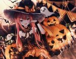  1girl bare_shoulders bat black_headwear blue_eyes bow candle candle_wax cat dress fang full_moon ghost halloween hand_up hat hat_ornament heterochromia highres jack-o&#039;-lantern long_hair miyu_(miy_u1308) moon open_mouth original pointy_ears pumpkin red_eyes red_hair scrunchie sitting solo string_of_flags striped thighhighs twintails vertical_stripes witch_hat wrist_scrunchie 